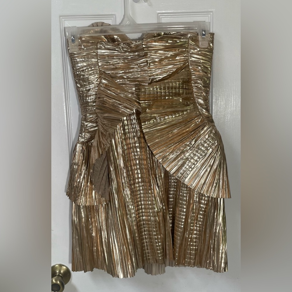 cult gaia Metallic Gold Strapless Pleated Mini Dress - Picture 4 of 14